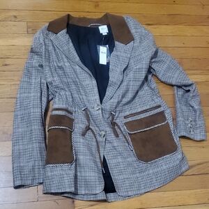 Women’s Brown Plaid Blazer Jacket with Suede Trim